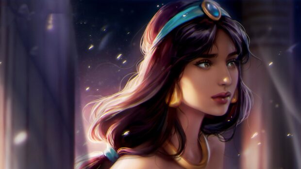 A detailed digital portrait of Princess Jasmine looking thoughtfully to the side at night, 2K Desktop Wallpaper