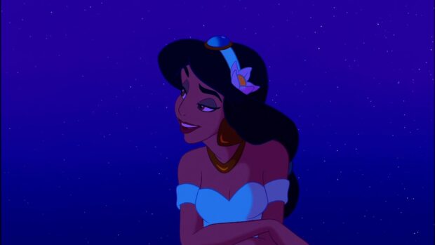 Princess Jasmine smiles softly against a deep blue starry sky at night, HD Desktop Wallpaper
