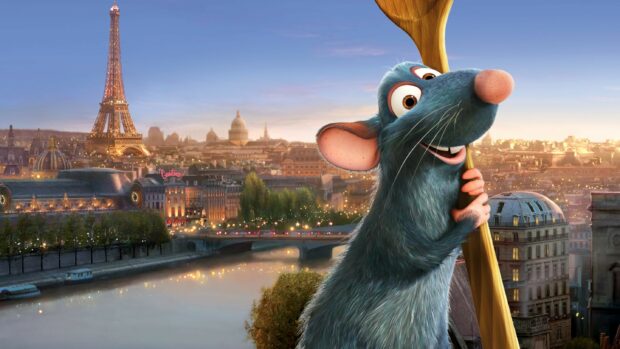 Ratatouille character holding a wooden spoon over a Paris cityscape with the Eiffel Tower in the background