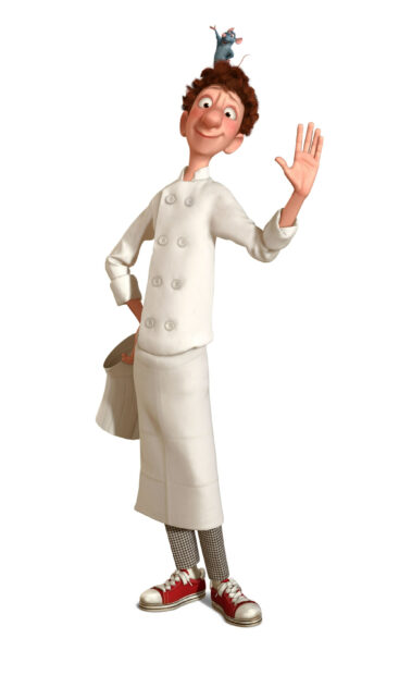 The chef wearing a white coat and red shoes with a rat standing on his head from Ratatouille