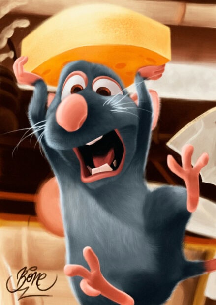 A happy rat holding a large piece of cheese in a kitchen environment