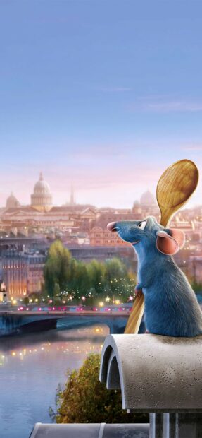 A rat holding a wooden spoon overlooking a cityscape at sunset with a calm river below