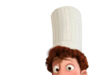 A chef holding a rat from Ratatouille on his hand with a joyful expression