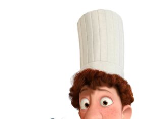 A chef holding a rat from Ratatouille on his hand with a joyful expression