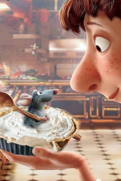 Remy the rat from Ratatouille is holding a wooden spoon inside a whipped cream tart in a kitchen setting