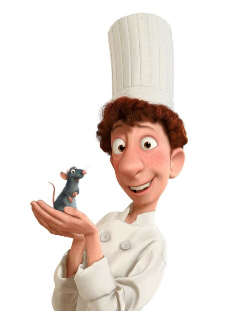 A chef holding a rat from Ratatouille on his hand with a joyful expression