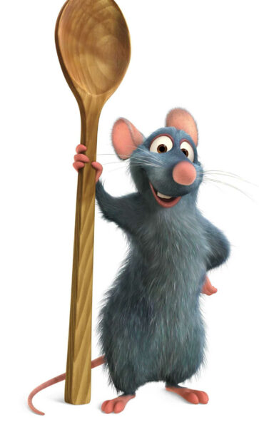 A happy rat character from Ratatouille holding a large wooden spoon upright