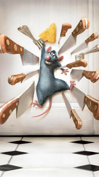 A rat from Ratatouille clings to a wall surrounded by knives and a piece of cheese