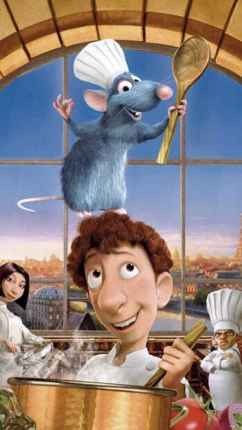A rat from Ratatouille cooking with a chef in a kitchen setting