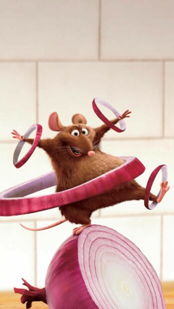 Animated rat from Ratatouille balancing onion rings on a large sliced onion in a kitchen setting