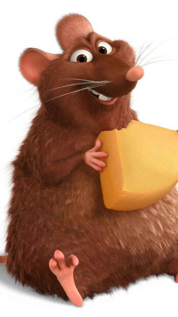 Ratatouille character holding a piece of cheese with a happy expression on a white background