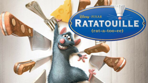 The rat from Ratatouille smiling while surrounded by flying kitchen knives and cheese