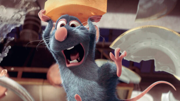 A cheerful rat holding a piece of cheese in a kitchen scene from Ratatouille