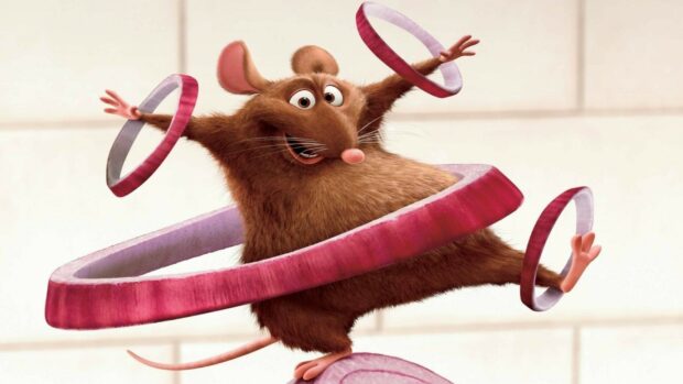 A rat balancing with onion rings spinning around its body from Ratatouille