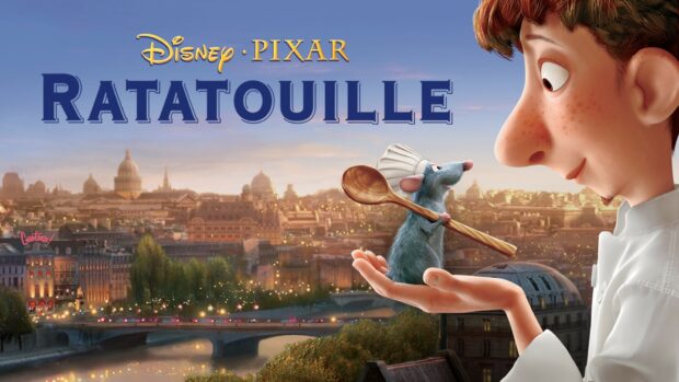 A ratatouille character holding a wooden spoon in front of a cityscape at sunset
