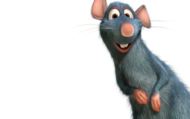 A friendly rat character from Ratatouille smiling and standing against a white background