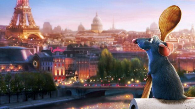 Remy the rat from Ratatouille holding a wooden spoon overlooking the Paris cityscape at sunset