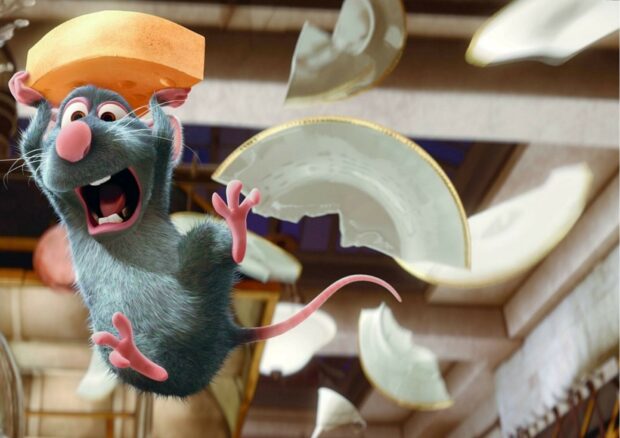 Ratatouille character holding cheese while falling among broken dishes in kitchen