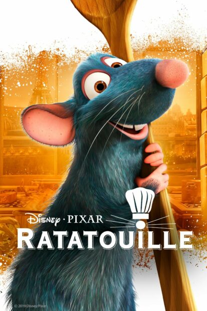 A happy rat holding a wooden spoon in a kitchen with Paris cityscape in the background