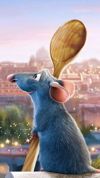 Ratatouille rat holding a wooden spoon looking at the city skyline at dusk