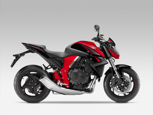 A red and black Honda CB1000R motorcycle is displayed from the side on a gray background, HD Desktop Wallpaper