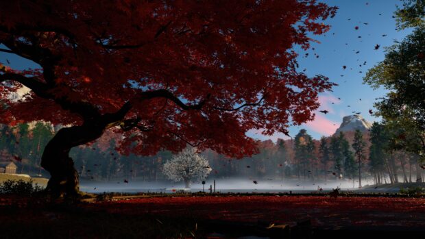 A red maple tree stands by a misty lake with autumn leaves falling around, 4K Desktop Wallpaper
