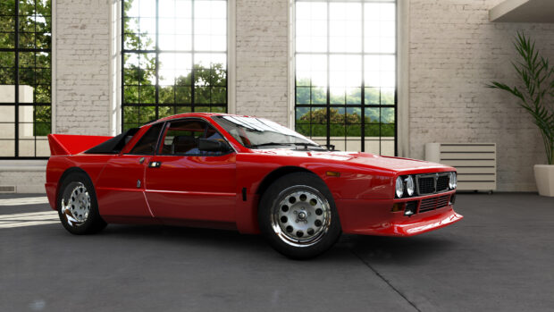 A red classic Lancia sports car is displayed prominently in a modern showroom with large windows, HD Desktop Wallpaper