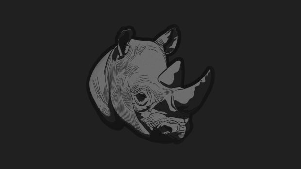 Detailed rhino head illustration with intricate line art on a dark background