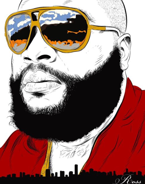 A detailed illustration of Rick Ross wearing reflective sunglasses and a red jacket, HD Phone Wallpaper