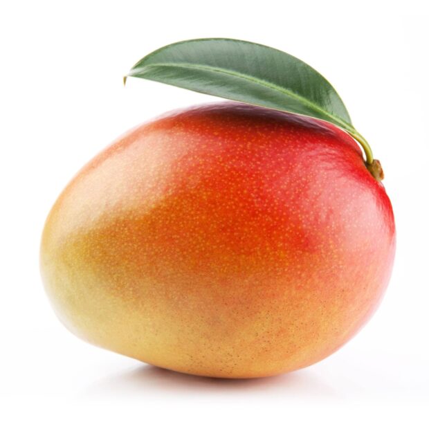 A ripe mango with a fresh green leaf on a white background, HD Desktop Wallpaper