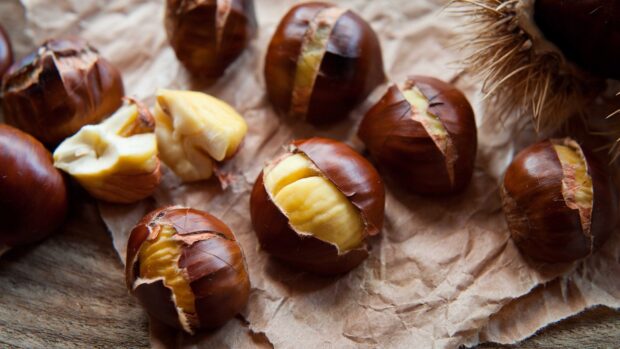 A close up view of roasted chestnuts partially peeled and displayed on crinkled paper, HD Desktop Wallpaper