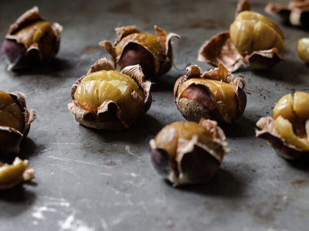 Roasted chestnuts with their shells partially removed lying on a metal surface, HD Desktop Wallpaper