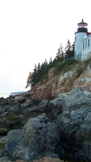 A lighthouse stands on the rocky coastline surrounded by pine trees in Maine, HD Mobile Wallpaper