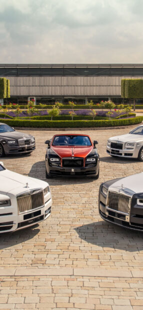 A collection of Rolls Royce Ghost cars parked outdoors with a scenic background, HD Mobile Wallpaper