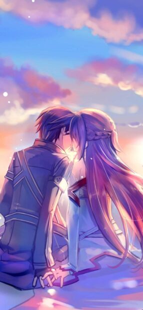 A couple sharing a tender moment in Sword Art Online, 2K Phone Wallpaper
