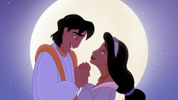 Princess Jasmine and Aladdin hold hands under the full moon at night, 4K Desktop Wallpaper
