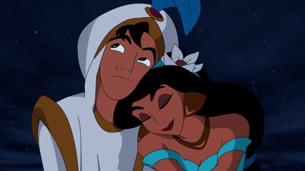 Princess Jasmine leans peacefully on her companion under the stars, HD Desktop Wallpaper
