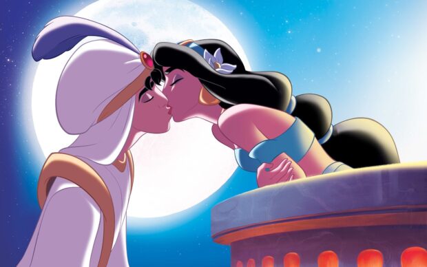 Princess Jasmine and Aladdin share a tender kiss under the full moon in a magical setting, HD Wallpaper