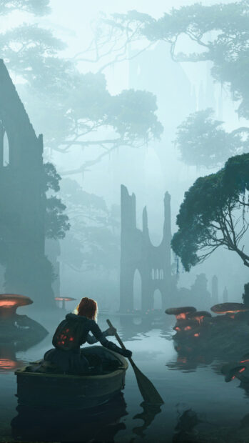 A person rowing a boat through a misty river with ancient ruins and glowing mushrooms around