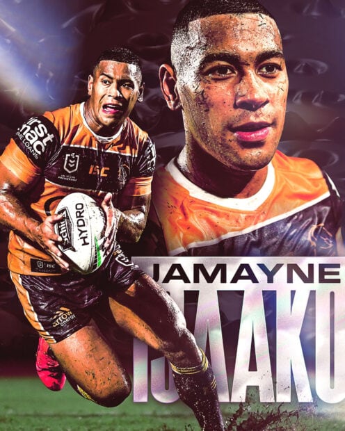 Jamayne Isaako is shown playing rugby league while holding the ball and running on the field, HD Desktop Wallpaper