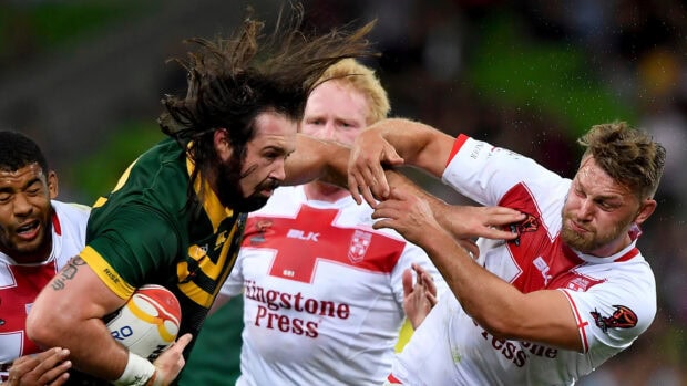 Rugby league players compete fiercely during a close game moment, 2K Desktop Wallpaper