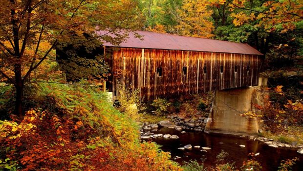 A rustic covered bridge stands over a river surrounded by vibrant autumn trees in Vermont, HD Desktop Wallpaper