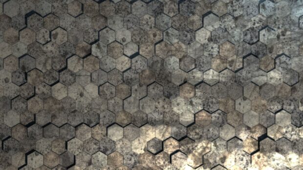 The image shows a rusty honeycomb pattern with aged textures and shadows, HD Desktop Wallpaper