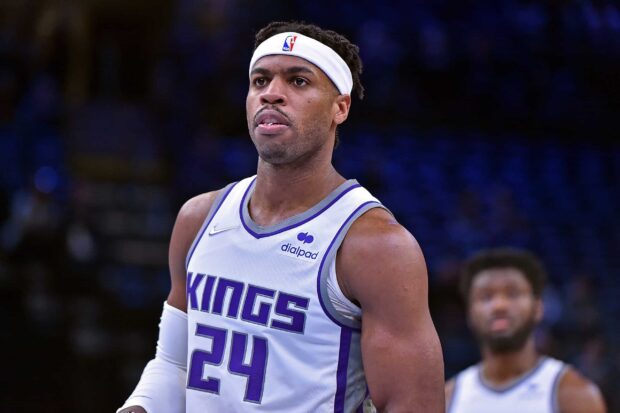 Close up of a Sacramento Kings player wearing number 24 jersey during a basketball game