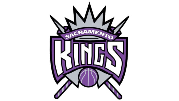 The Sacramento Kings logo features a crown, basketball, and crossed swords in purple and gray