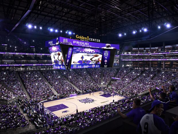 A high quality Sacramento Kings basketball game is shown at the packed Golden 1 Center stadium