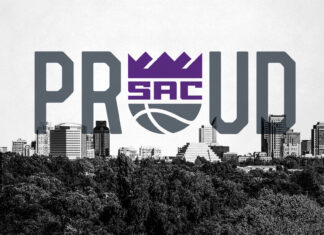 A black and white city skyline with Sacramento Kings logo and text overlay