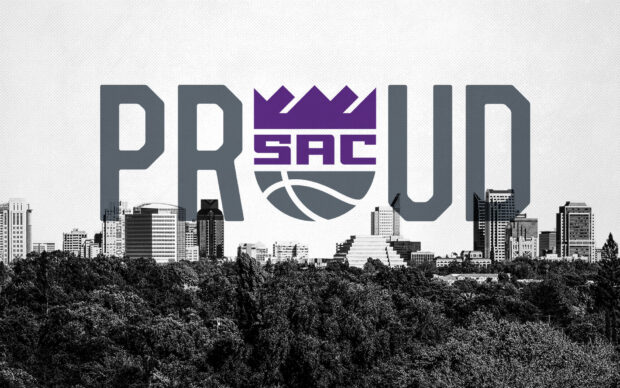 A black and white city skyline with Sacramento Kings logo and text overlay