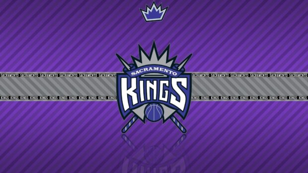 A high quality wallpaper featuring the Sacramento Kings logo on a purple and gray striped background