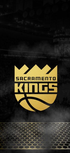 Golden Sacramento Kings logo with basketball design on a smoky background for mobile wallpaper